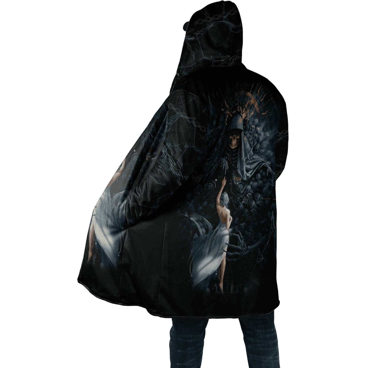 Winter Mens Cloak Fire Reaper Skull Tattoo 3D full Printing Fleece Hooded cloak Coat Unisex Casual Thick Warm Cape coat