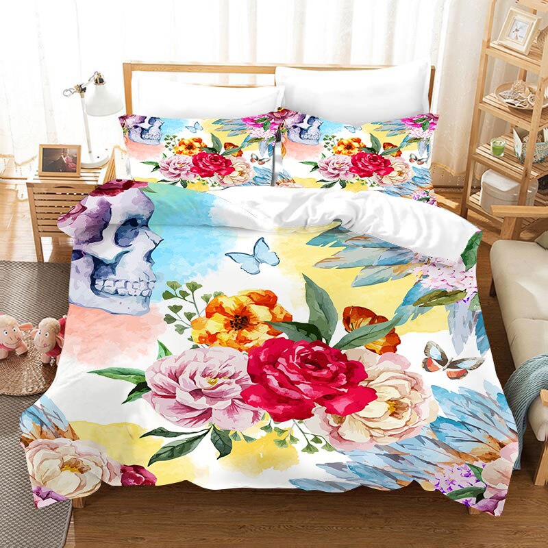 Color Ink Skull Bedding Set Duvet Covers Pillowcases Sugar Skull Queen Comforter Bedding