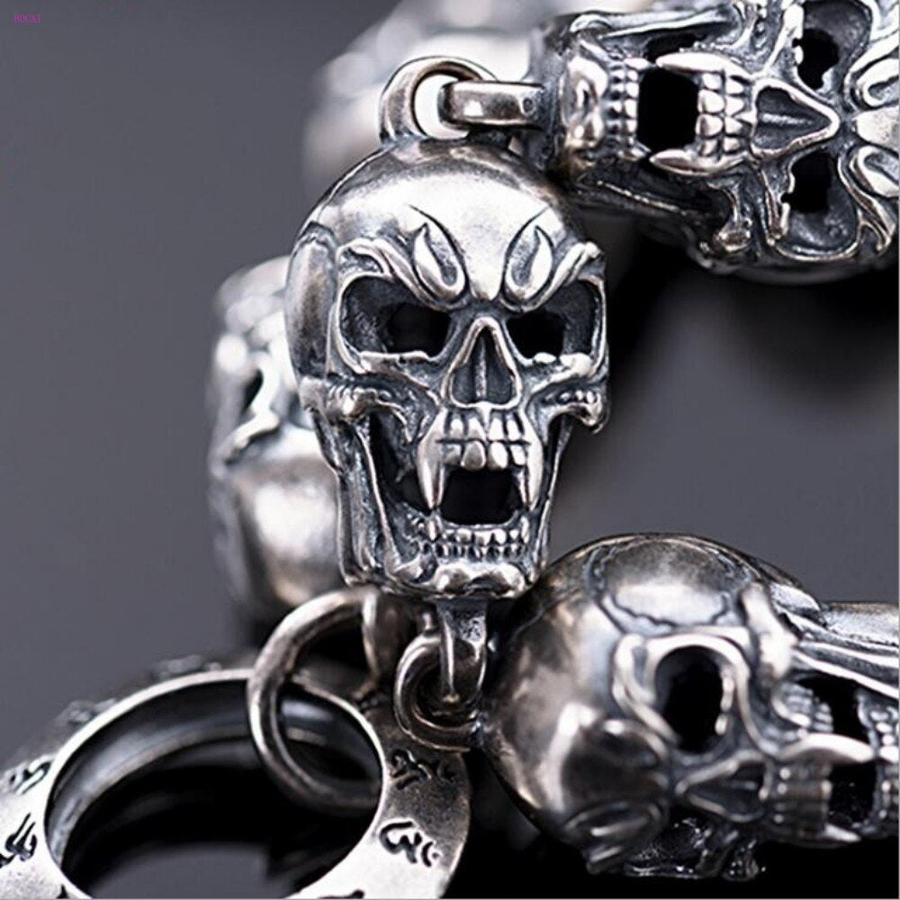 S925 Silver Bracelet Skull Retro Rock Hip-Hop BraceletPunk Silver