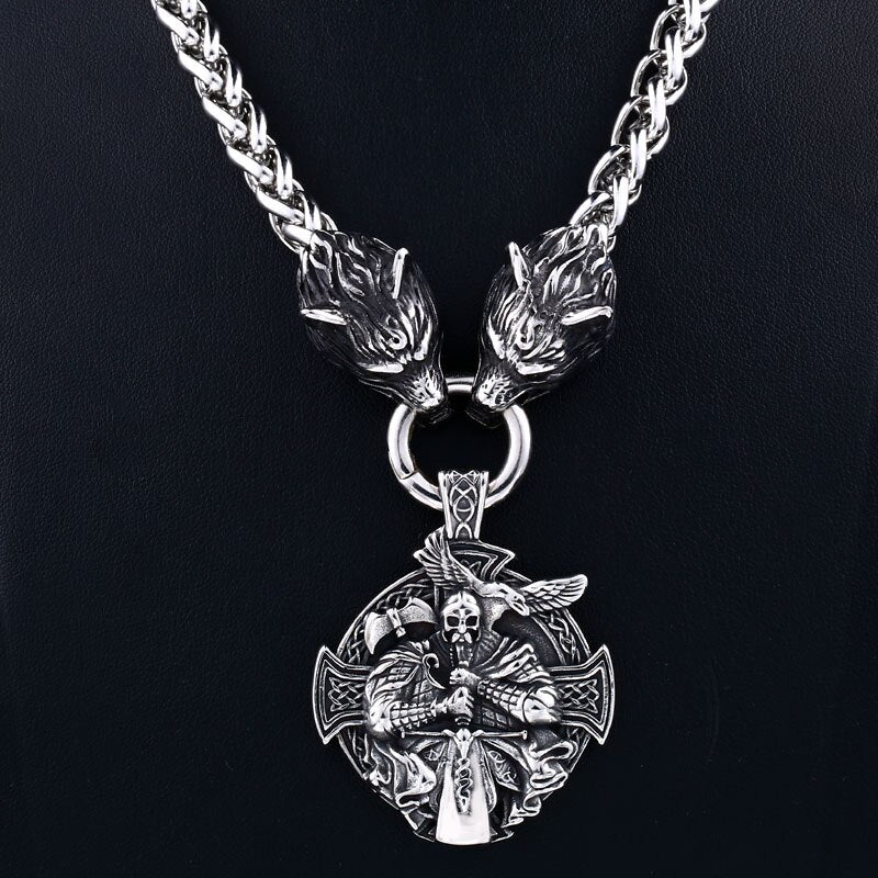 Men stainless steel necklace viking wolf head with Odin