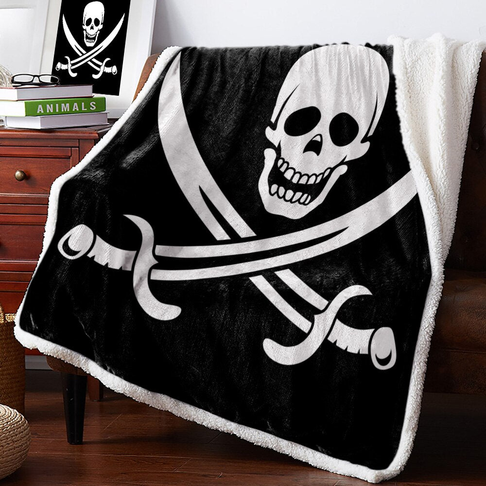 Sword Pirate Skull White Black Blanket Floral Fleece Blanket