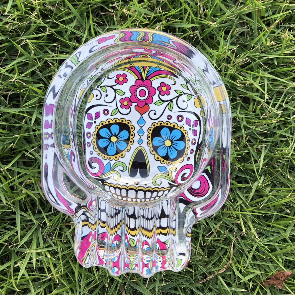 Handmade Sugar Skull Glass Ashtray Three Cigarette Ash Holder Ashtray