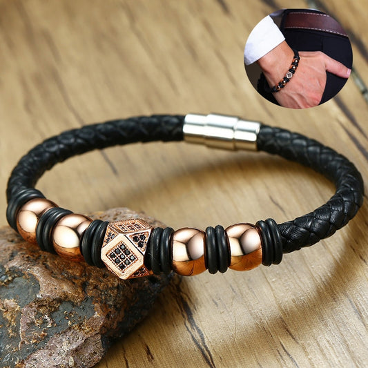 2020 Fashion Punk Stainless Steel Leather Beaded Braclet