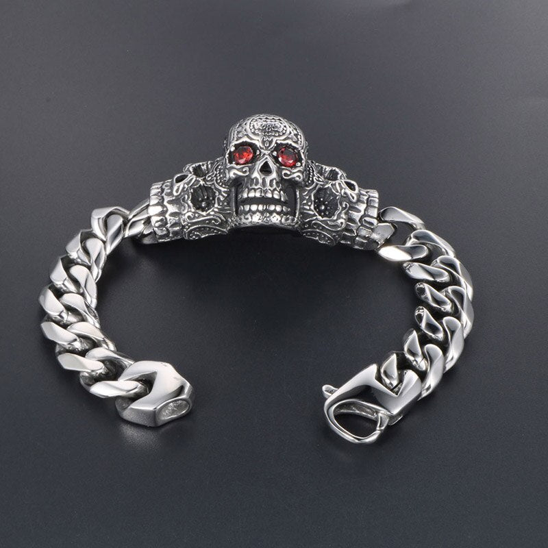 220mm Men's Titanium Steel Big Skull with Red Cubic Zirconia Bracelet