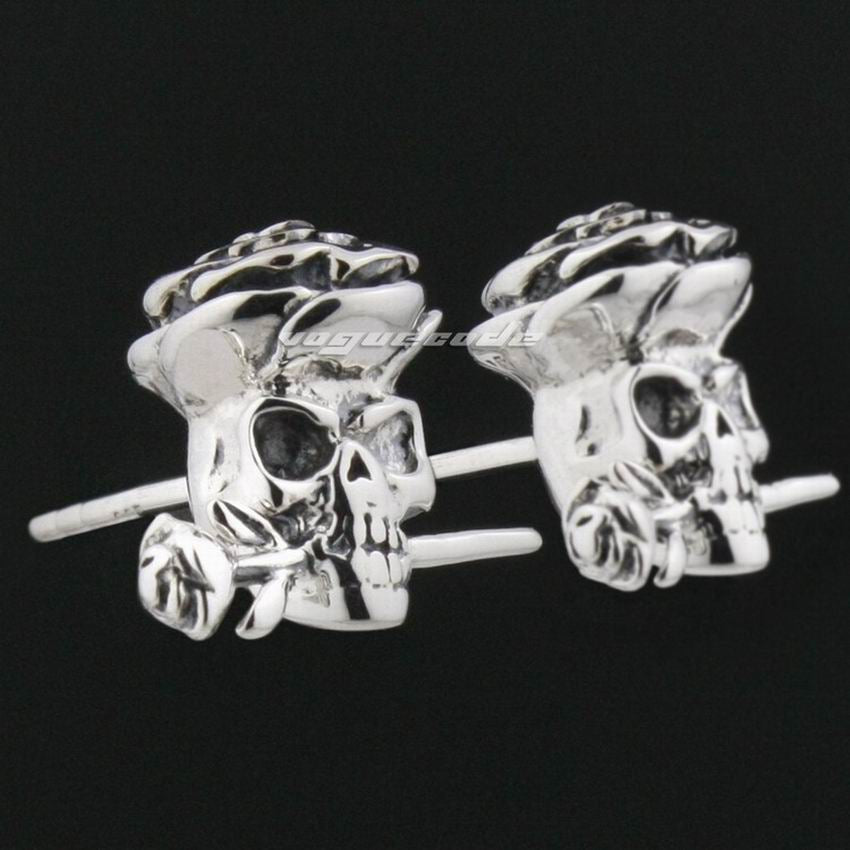 925 Sterling Silver Rose Skull Flower Earring Mens Biker Rocker Stud Earring 8R003
