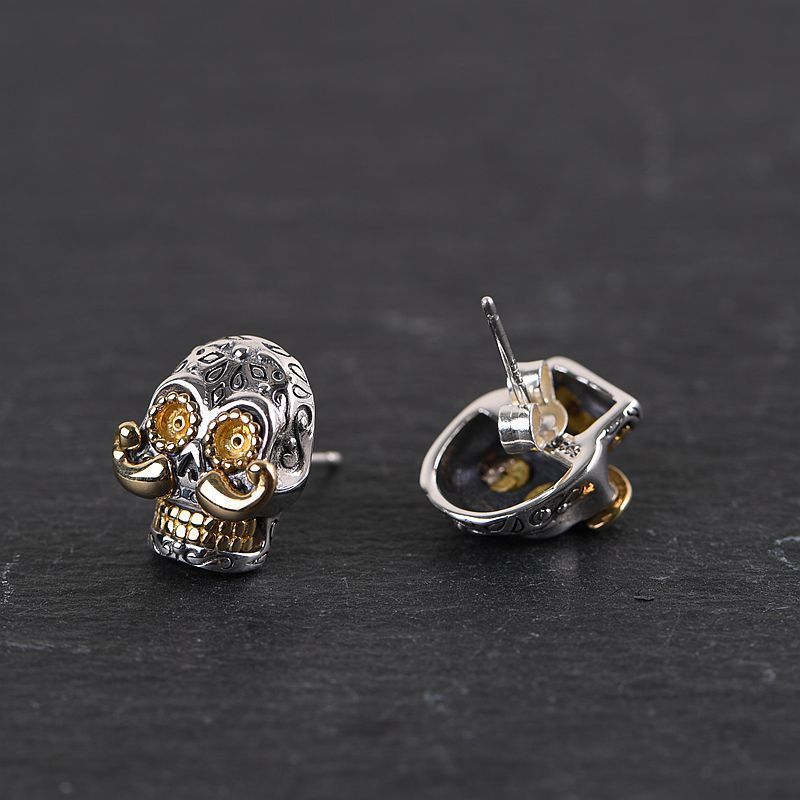 100% Real 925 Sterling Silver Skull & Long Beard Stud Earrings