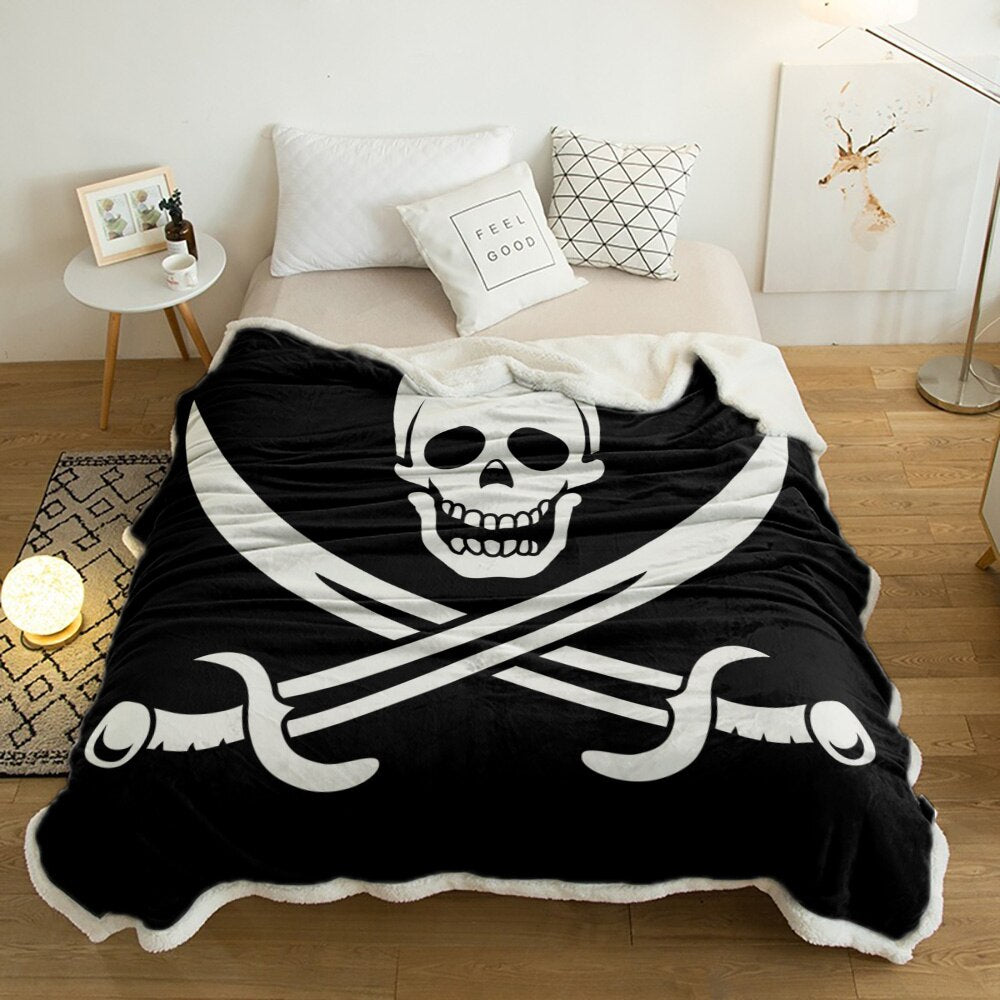 Sword Pirate Skull White Black Blanket Floral Fleece Blanket