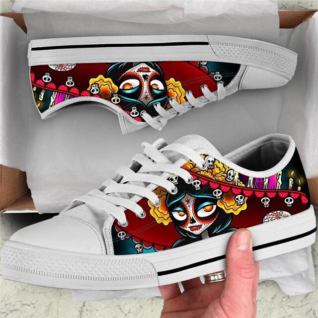 Cool Sugar Skull Pattern Women Casual Flats Shoes Lady Comfortable Canvas Shoes