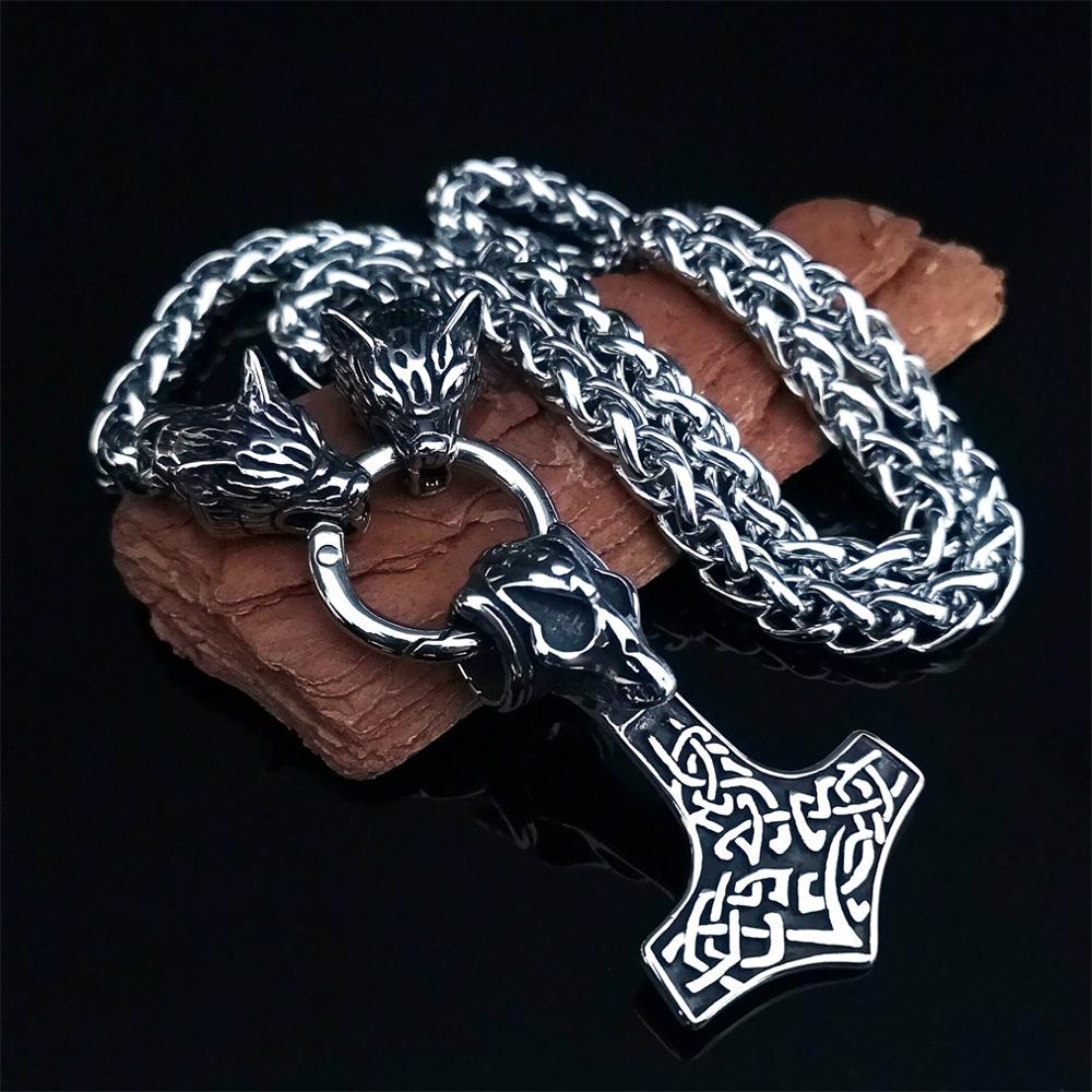 Nordic Viking men's stainless steel necklace wolf head chain
