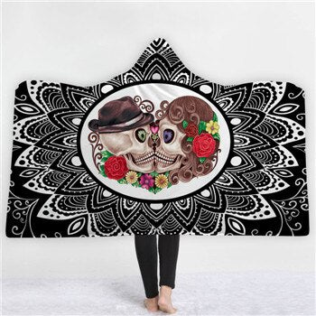 Fashion Sugar Skull Flower Hooded Blanket for Adults Floral Gothic