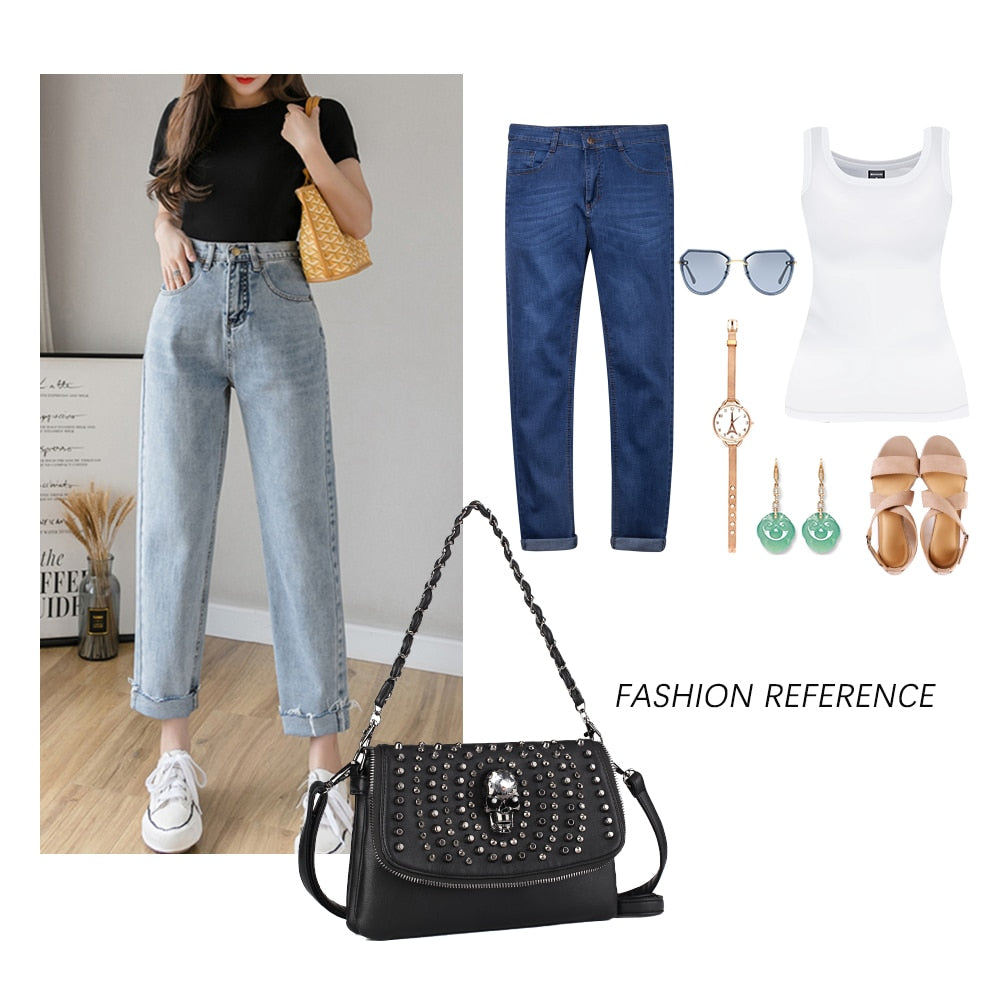 Gothic skull Designer Women Shoulder Bag Black Medium Size Crossbody Bag Punk Stud Skull Handbag Purse with Chain Zipper Female Bag