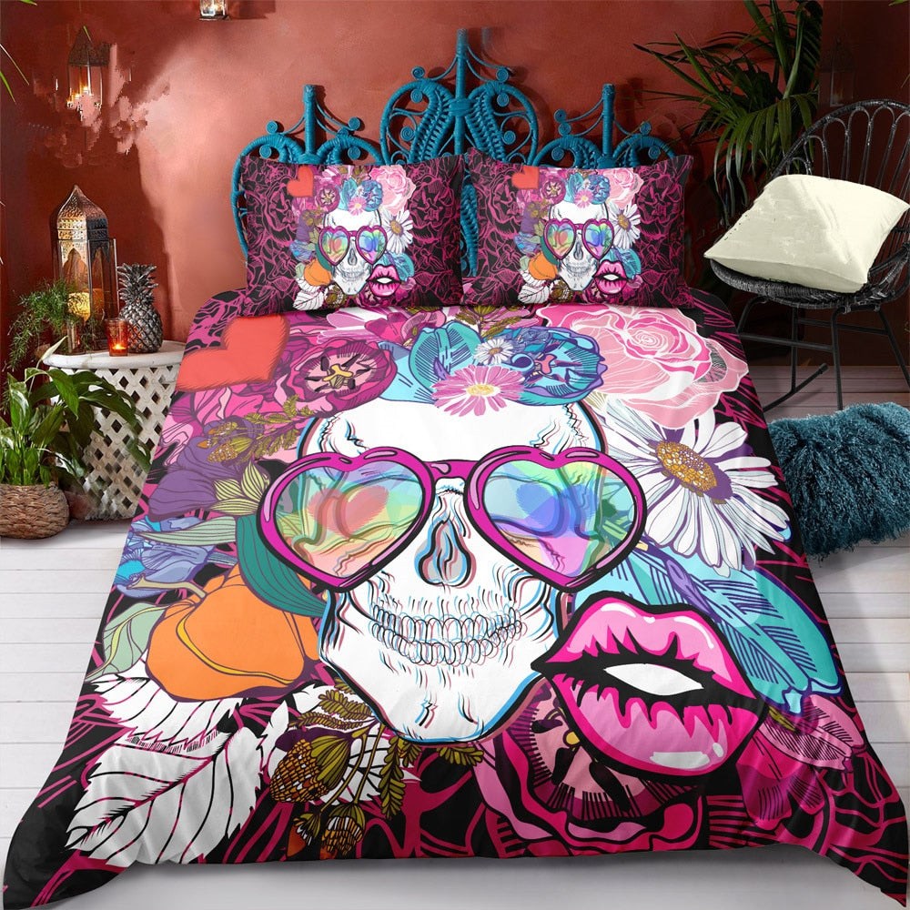 King Size Bedding Sets Sugar Skull Duvet Cover and Pillowcase Flower Rose Skull