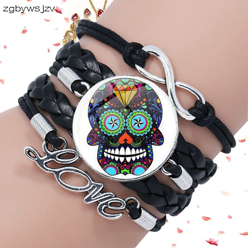 Mexico Sugar Skull Jewelry Glass Cabochon Black Leather Bracelet