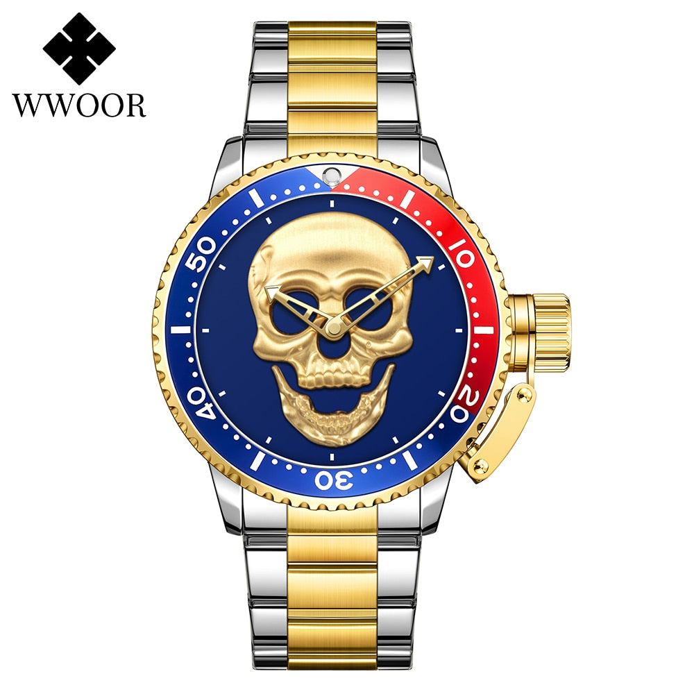 Skull skeleton Luxury Brand Gold Black Skull Men Watches with Stainless Steel Sports Waterproof Quartz Clocks Male Creative Wristwatches