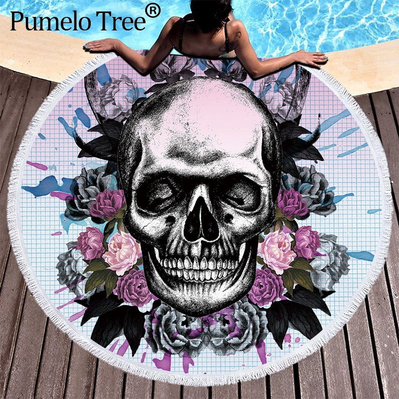 3D Sugar Skull Printed Beach Towel With Tassel Microfiber Large Bath Towel