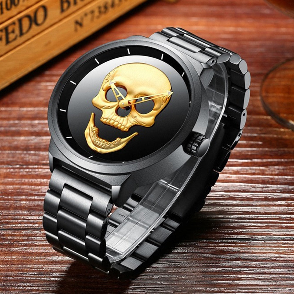 AISHY Fashion Men's Waterproof Stainless Steel Belt Skull Head Leather Copy Watch Ghost Head Male Wristwatches Reloj Hombre