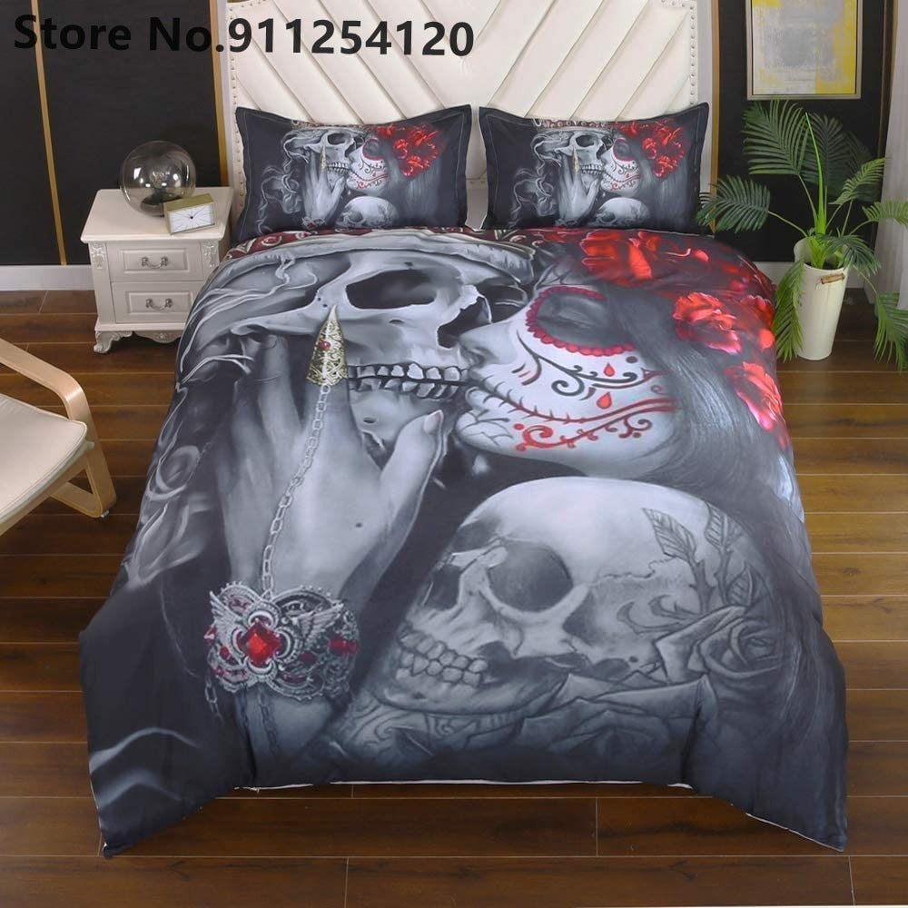 3D Dead Sugar Skull Duvet Cover Sets Girl Kissing Skull Bed Cover