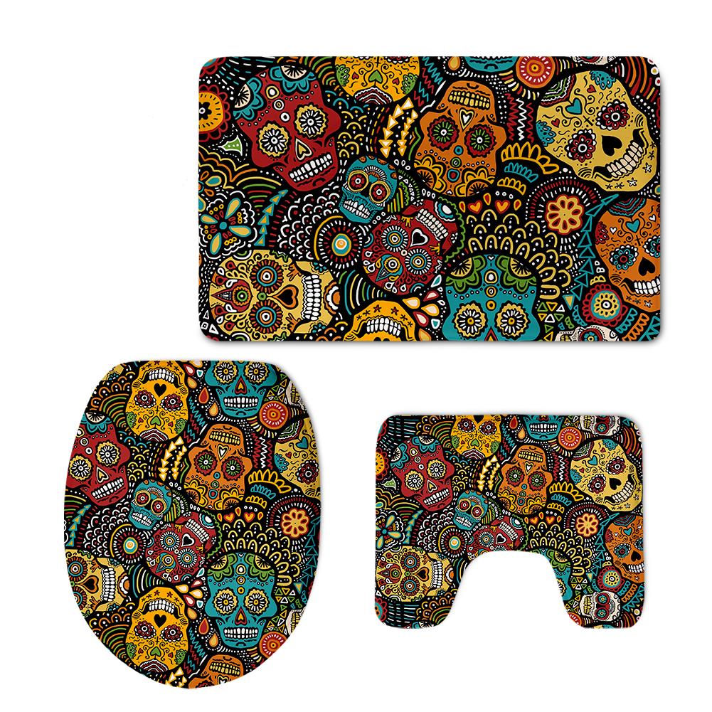 Sugar Skulls Bathroom Seat Cover Set Halloween Skull Design Toilet Carpet Cover