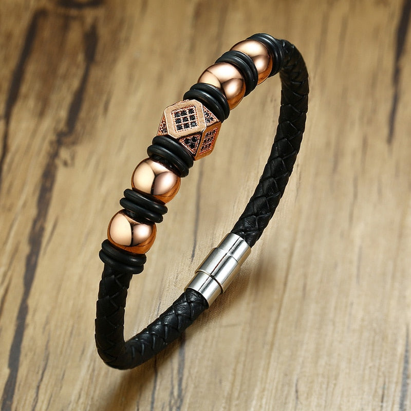 2020 Fashion Punk Stainless Steel Leather Beaded Braclet