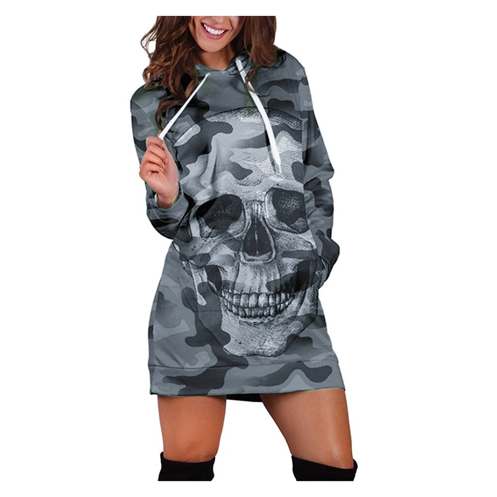 Sweashirt Dress Women Long Sleeve Casual Hooded Camouflag Skull