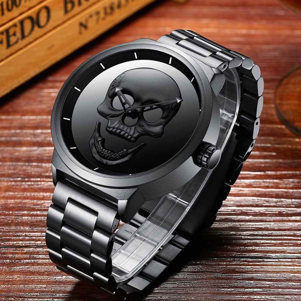 AISHY Fashion Men's Waterproof Stainless Steel Belt Skull Head Leather Copy Watch Ghost Head Male Wristwatches Reloj Hombre