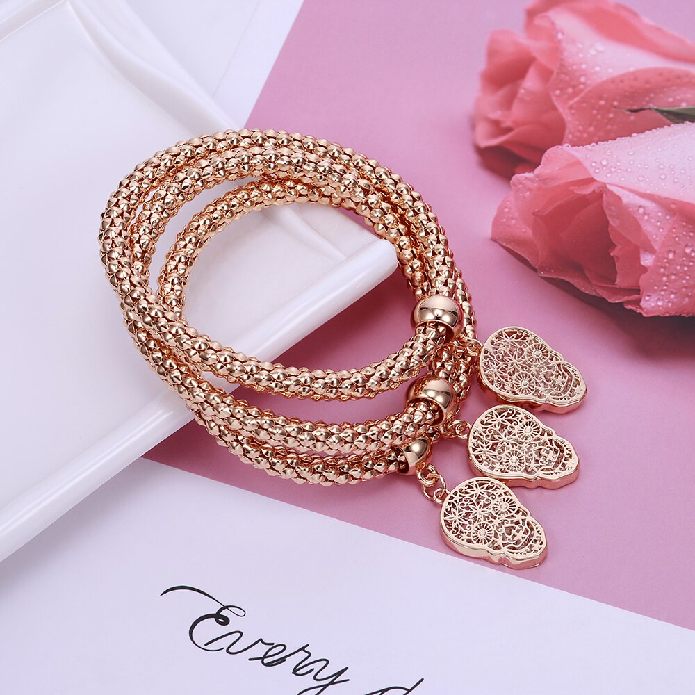 3Pcs Hollow Charms Bracelets & Bangles For Women Gold Mix Silver Color