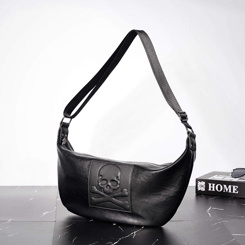 Chest Bag For Men Skull Black Leather Belt Bag