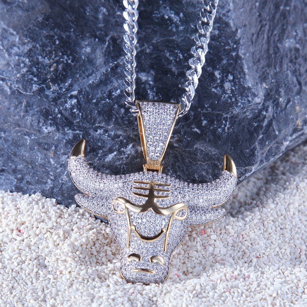 Charm King Bull Iced Out Pendant With Round Cut 4mm Tennis Chains