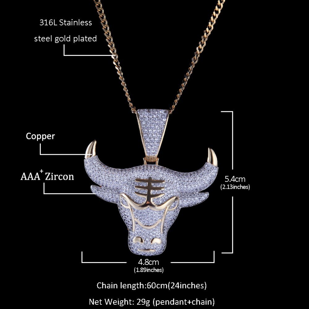 Charm King Bull Iced Out Pendant With Round Cut 4mm Tennis Chains
