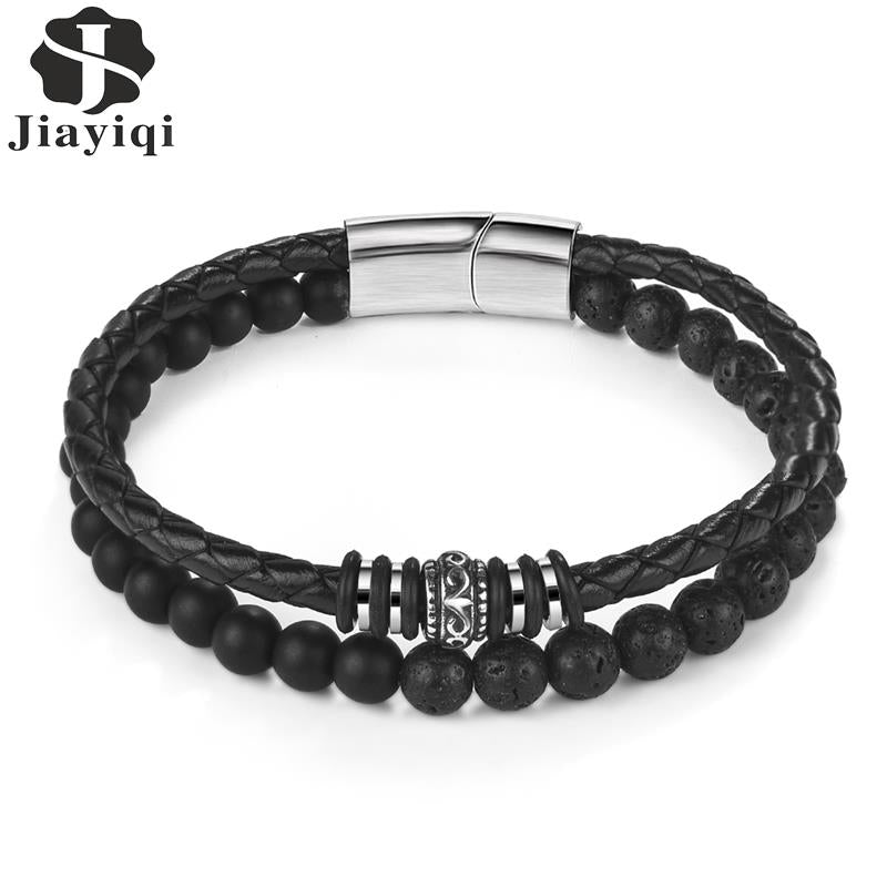 Charm Beads Leather Bracelet For Mens Jewelry Stainless Steel