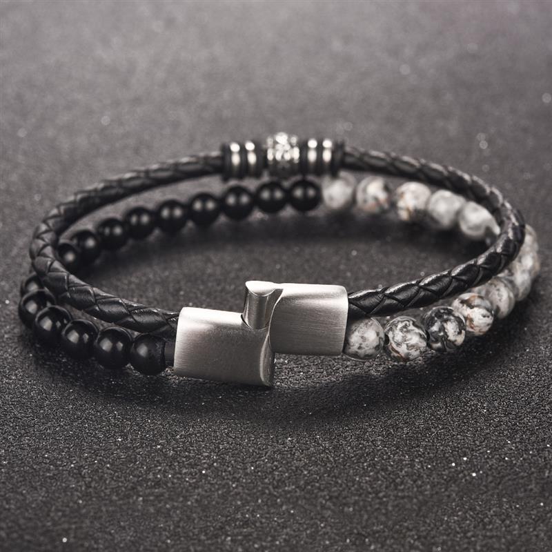 Charm Beads Leather Bracelet For Mens Jewelry Stainless Steel