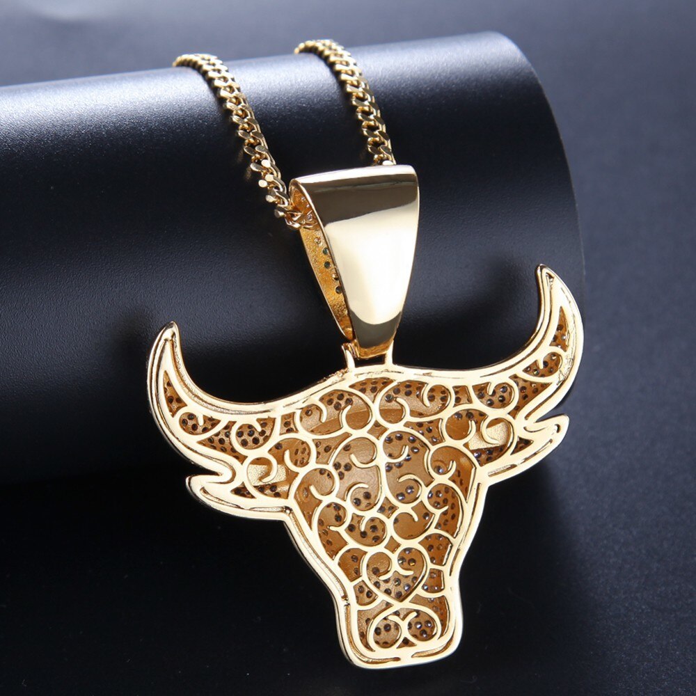 Charm King Bull Iced Out Pendant With Round Cut 4mm Tennis Chains