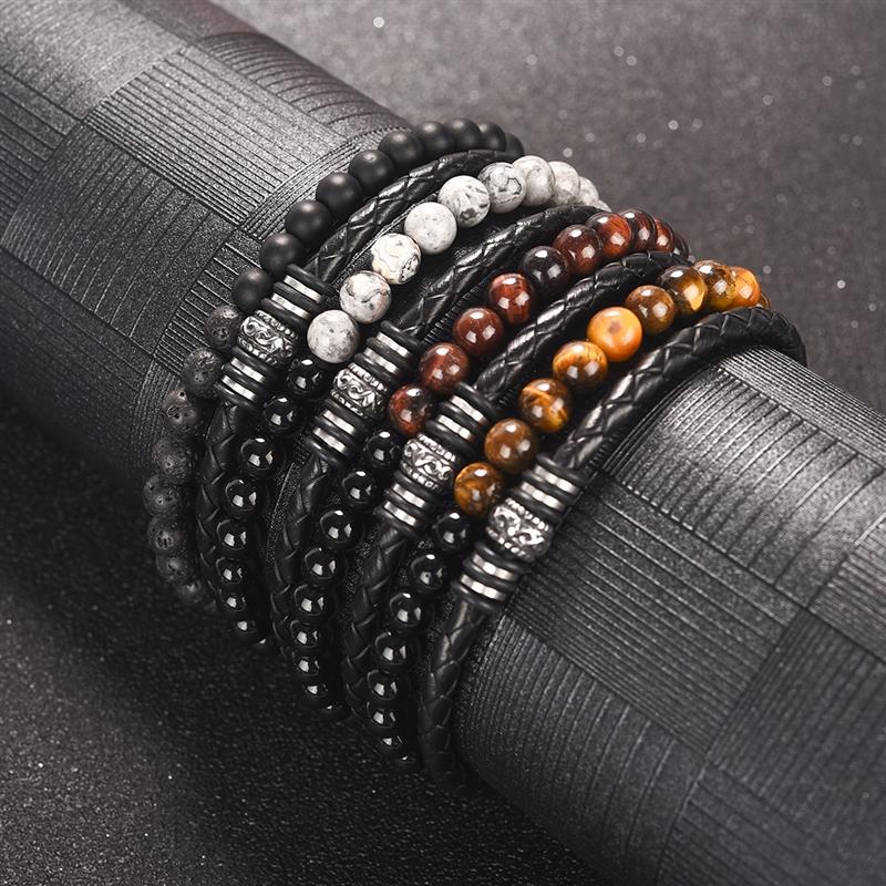 Charm Beads Leather Bracelet For Mens Jewelry Stainless Steel