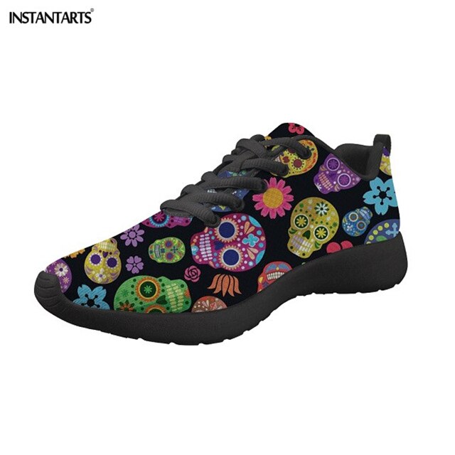 Ladies Flats Shoes Lace Up Classic Sugar Skulls Printing Women