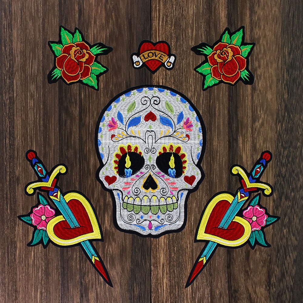 1set Large Bird Flower Patches Sword Love Heart Skull Applique Sew on Iron on Stickers for Dress Clothes Garment Accessories