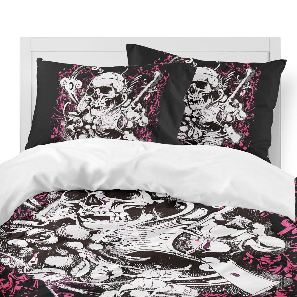 Sugar Skull Bedding Set Hot Pink Flower With Pistol Duvet Cover