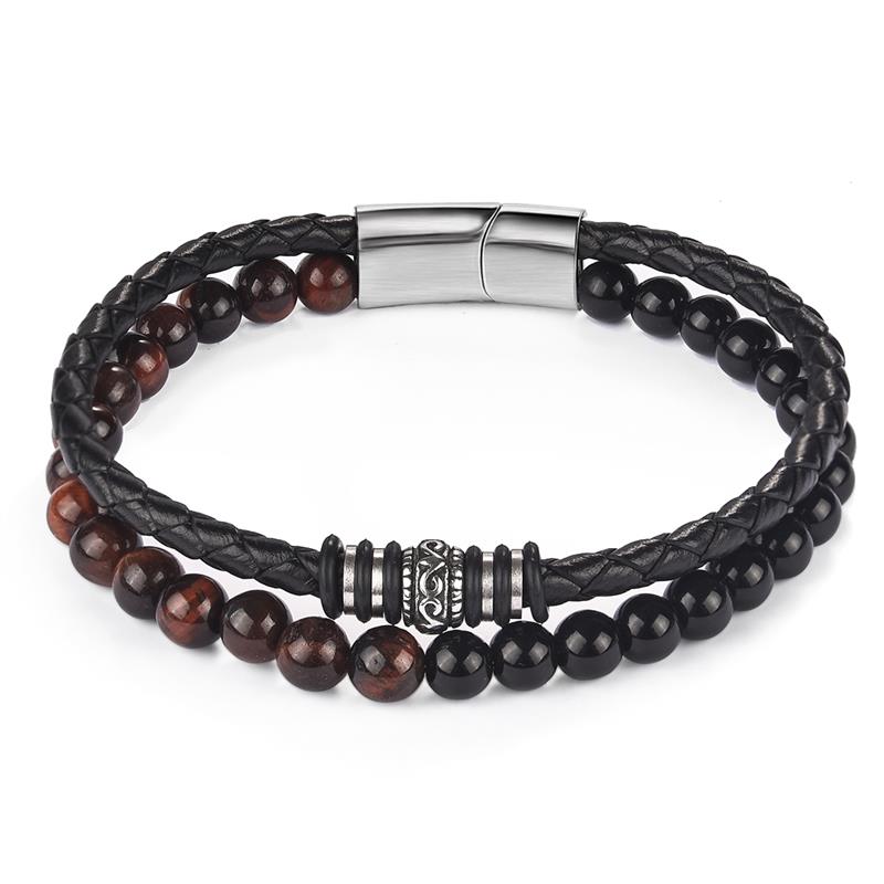 Charm Beads Leather Bracelet For Mens Jewelry Stainless Steel