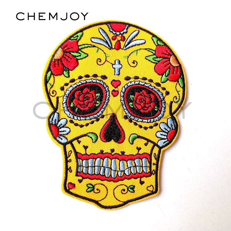 Yellow Mexican Skull Embroidered Skull Patch for Clothing Iron on Sewing Applique for Jackets Jeans Clothes Stickers Badges