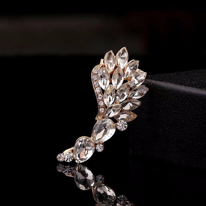 Fashion Popular Women Full Rhinestones Wing Ear Cuff Feather Gold Silver Plated Big Zircon Earcuff Clip Earrings