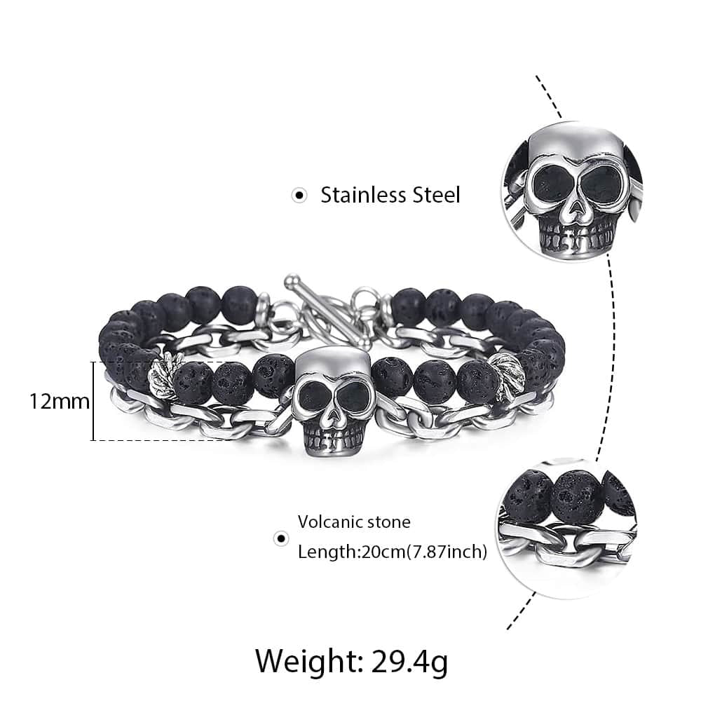Skull Charm Bracelets for Men Stainless Steel Double Layered Wheat Link Black L