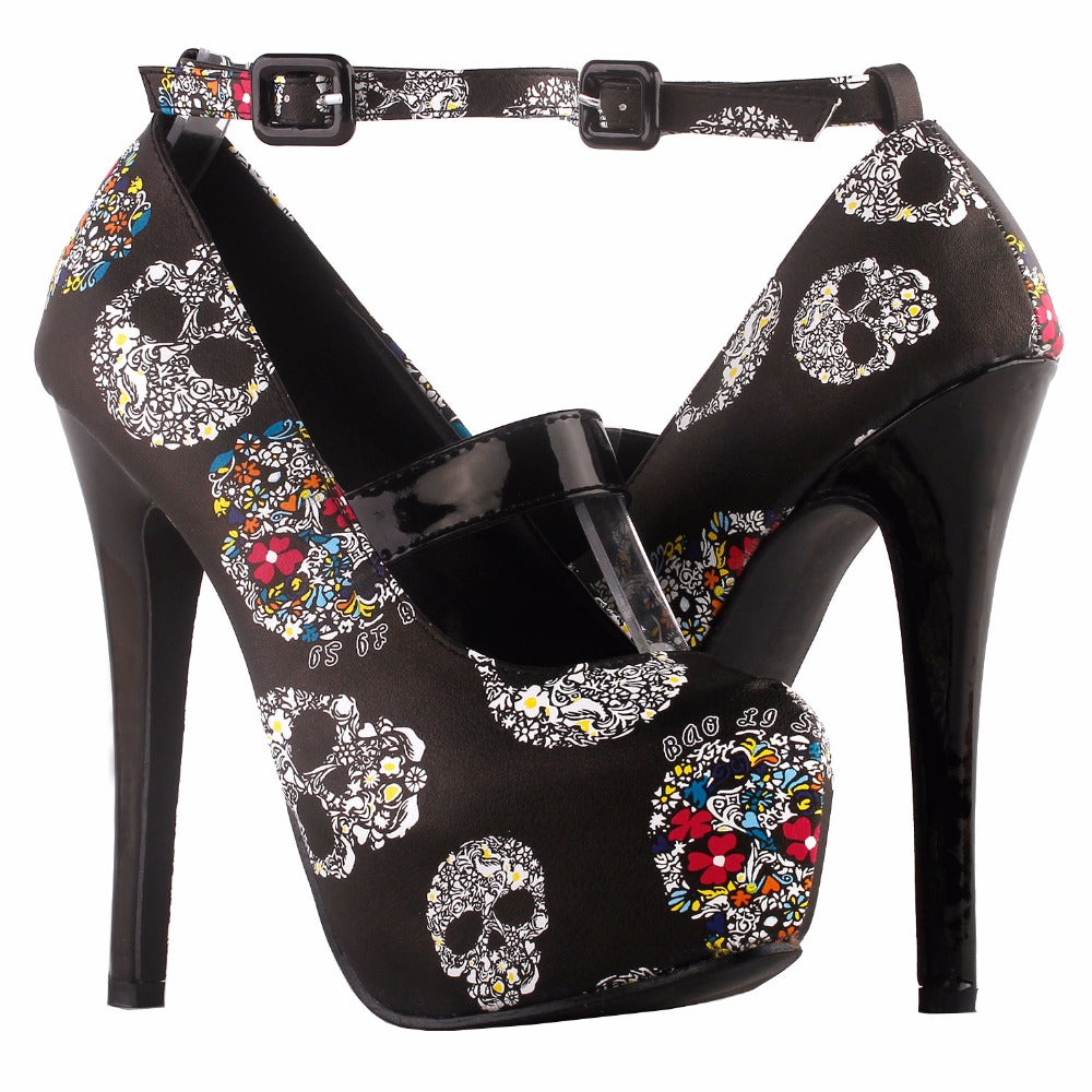 Women Sexy Skull Print Ankle Strap Platform Stiletto Heel Dress Pumps