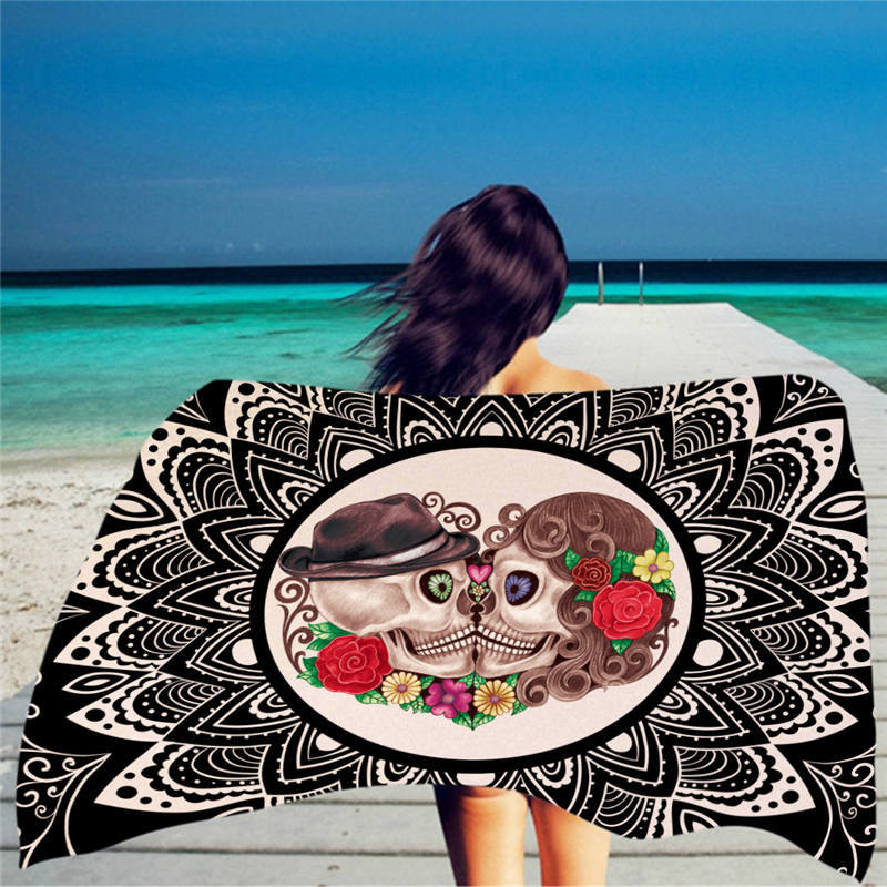 Sugar Skull Polyester Print Beach Towel For Adult Yoga Mat Tassel Blanket