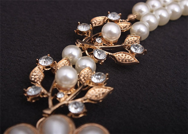 luxury Simulated pearl chain rhinestone crystal flower choker necklace bead work jewelry for women 39 cm