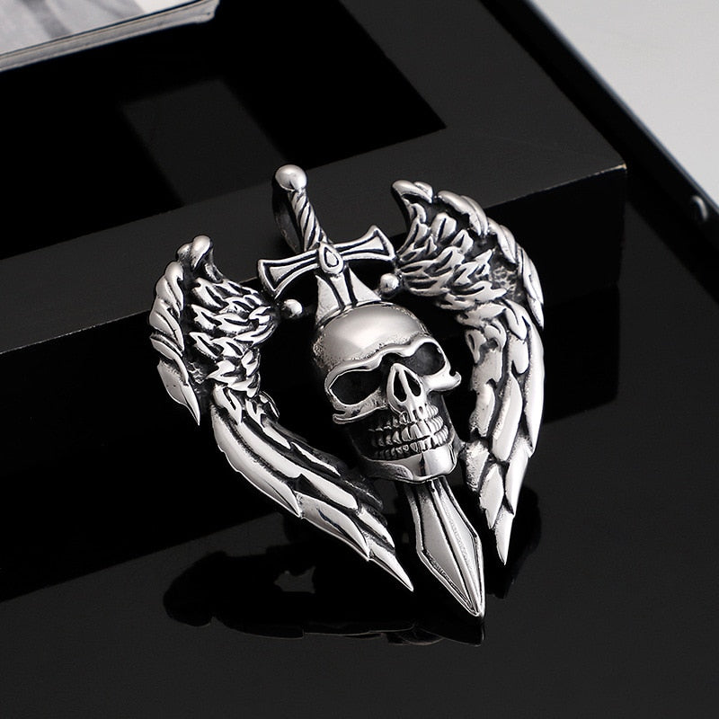 Punk Retro Skull Sword Wings Pendant Domineer Personality Men Titanium Steel Jewelry