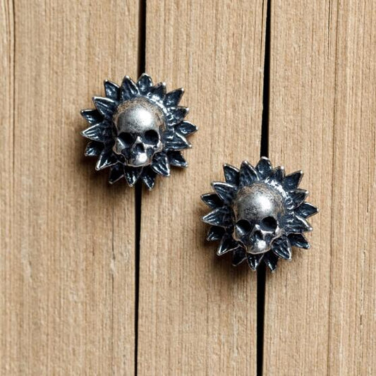 Punk Style Pure 925 Sterling Silver Skull And Flower Stud Earrings