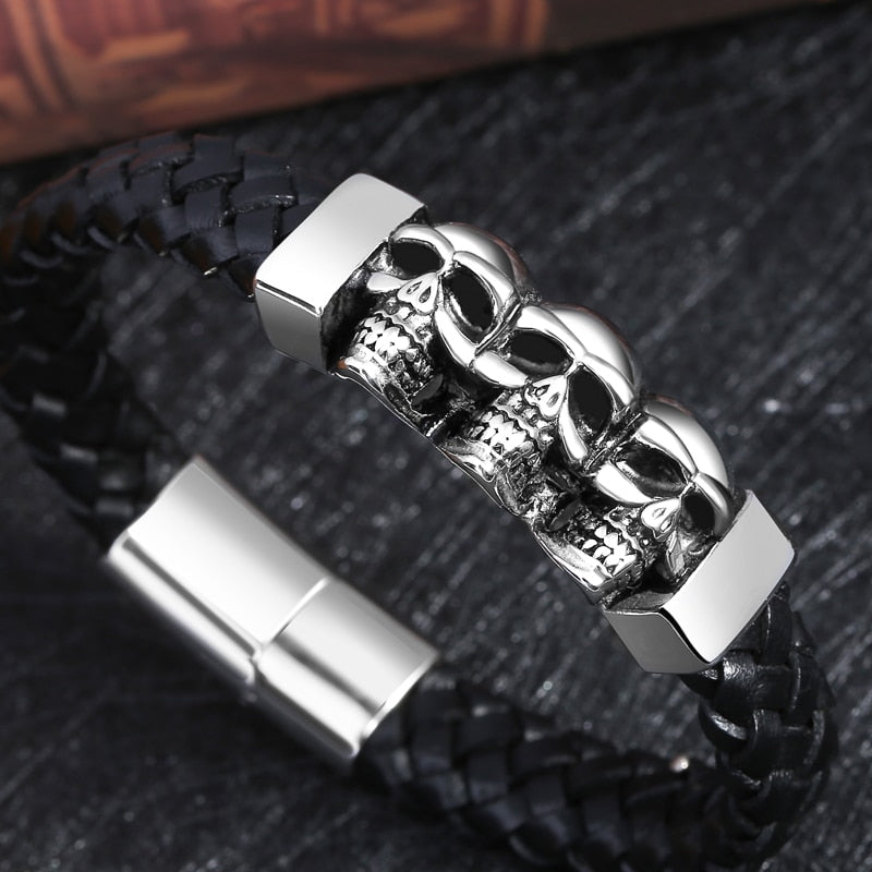 Stainless Steel Leather Bracelets & Bangles Double Black