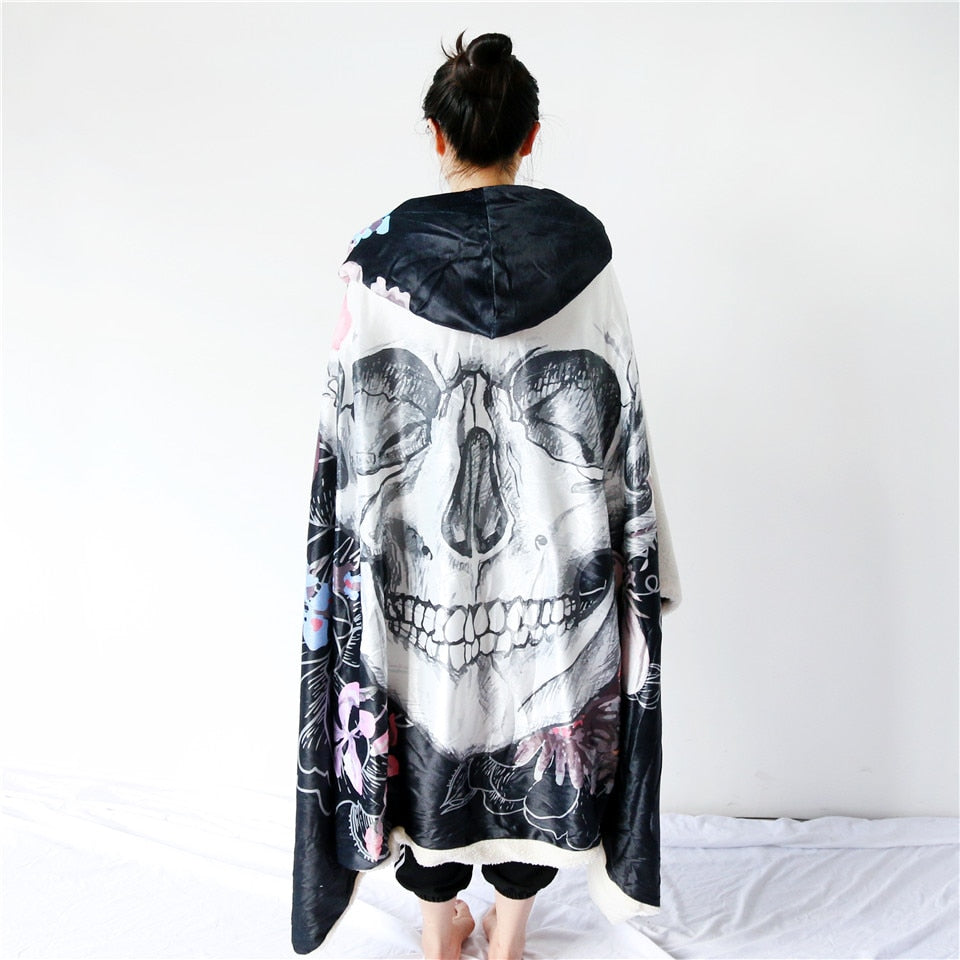 Sugar Skull Flower Hooded Blanket for Adults Floral Gothic Sherpa Fleece Wearable Throw Blanket Microfiber Black