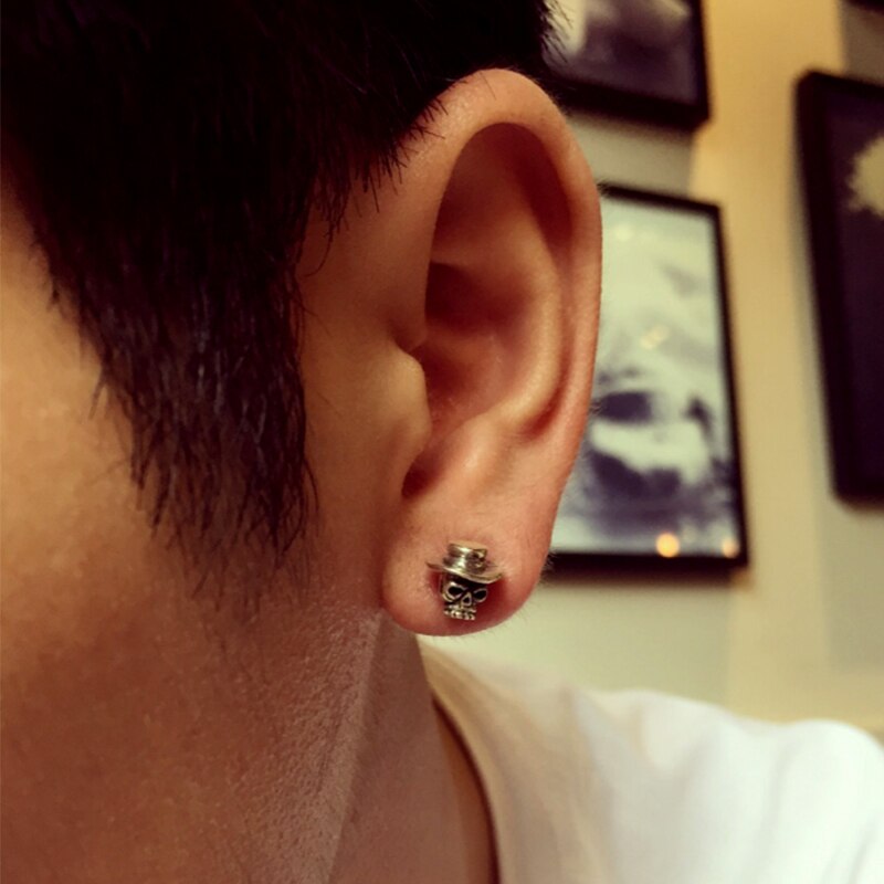Solid 925 Sterling Silver Skull Earrings Man Vintage Punk Stud Earring