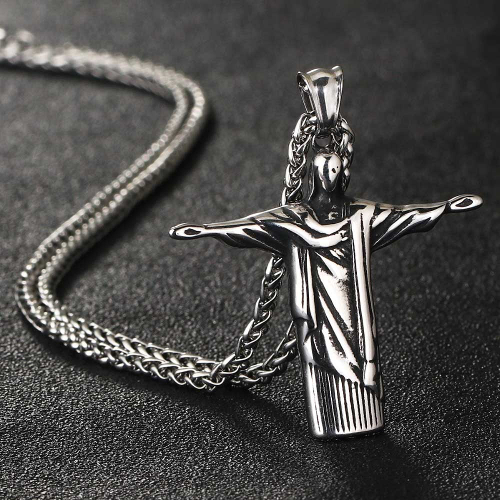 Male Stainless Steel Link Chain Round Circle Cross Pendant Necklace