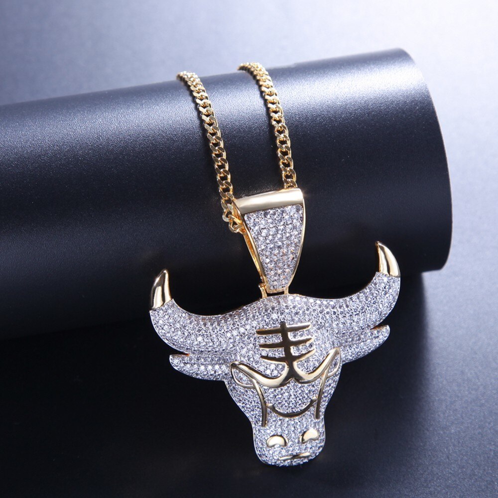 Charm King Bull Iced Out Pendant With Round Cut 4mm Tennis Chains